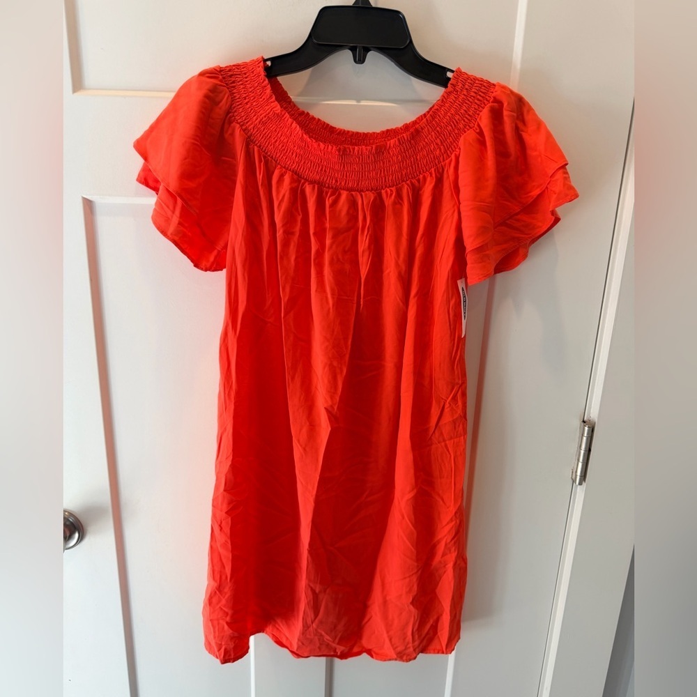 Coral Off Shoulder Smocked Dress XS Boho Summer Flowy Orange